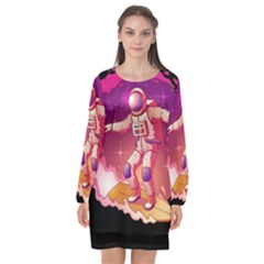 Astronaut-spacesuit-standing-surfboard-surfing-milky-way-stars Long Sleeve Chiffon Shift Dress  by Salman4z