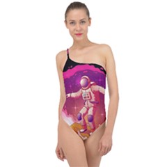 Astronaut-spacesuit-standing-surfboard-surfing-milky-way-stars Classic One Shoulder Swimsuit by Salman4z