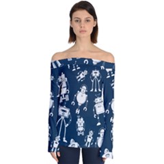 White-robot-blue-seamless-pattern Off Shoulder Long Sleeve Top by Salman4z