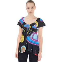 Seamless-pattern-with-space-objects-ufo-rockets-aliens-hand-drawn-elements-space Lace Front Dolly Top by Salman4z