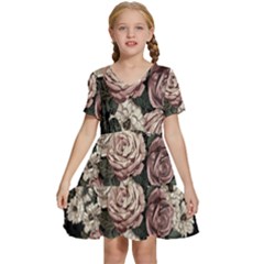 Elegant-seamless-pattern-blush-toned-rustic-flowers Kids  Short Sleeve Tiered Mini Dress by Salman4z