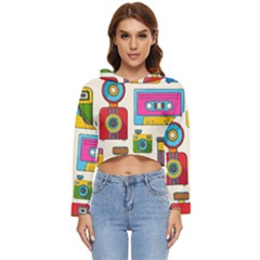 Retro-cameras-audio-cassettes-hand-drawn-pop-art-style-seamless-pattern Women s Lightweight Cropped Hoodie