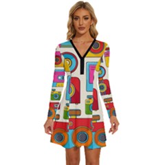 Retro-cameras-audio-cassettes-hand-drawn-pop-art-style-seamless-pattern Long Sleeve Deep V Mini Dress  by Salman4z