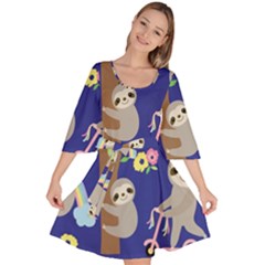 Hand-drawn-cute-sloth-pattern-background Velour Kimono Dress by Salman4z