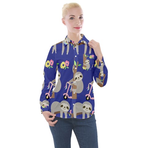 Hand-drawn-cute-sloth-pattern-background Women s Long Sleeve Pocket Shirt by Salman4z