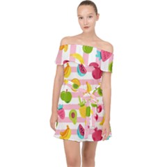 Tropical-fruits-berries-seamless-pattern Off Shoulder Chiffon Dress by Salman4z