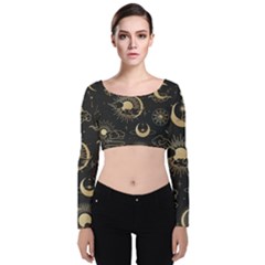 Asian-seamless-pattern-with-clouds-moon-sun-stars-vector-collection-oriental-chinese-japanese-korean Velvet Long Sleeve Crop Top by Salman4z