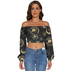 Asian-seamless-pattern-with-clouds-moon-sun-stars-vector-collection-oriental-chinese-japanese-korean Long Sleeve Crinkled Weave Crop Top by Salman4z