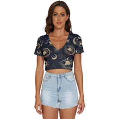 Asian-seamless-pattern-with-clouds-moon-sun-stars-vector-collection-oriental-chinese-japanese-korean V-neck Crop Top by Salman4z