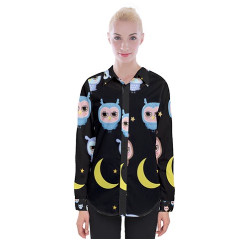 Cute-owl-doodles-with-moon-star-seamless-pattern Womens Long Sleeve Shirt by Salman4z