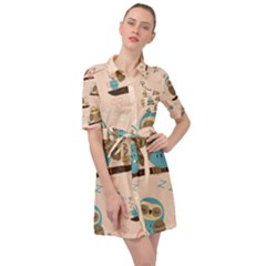 Seamless-pattern-owls-dream-cute-style-pajama-fabric Belted Shirt Dress by Salman4z