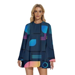 Gradient Geometric Shapes Dark Background Round Neck Long Sleeve Bohemian Style Chiffon Mini Dress by Salman4z