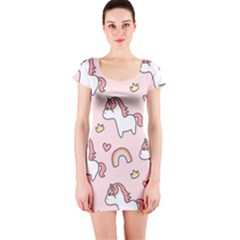 Cute-unicorn-rainbow-seamless-pattern-background Short Sleeve Bodycon Dress