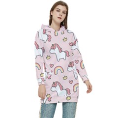 Cute-unicorn-rainbow-seamless-pattern-background Women s Long Oversized Pullover Hoodie by Salman4z
