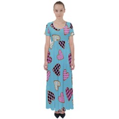 Seamless Pattern With Heart Shaped Cookies With Sugar Icing High Waist Short Sleeve Maxi Dress