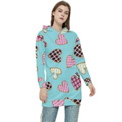 Seamless Pattern With Heart Shaped Cookies With Sugar Icing Women s Long Oversized Pullover Hoodie by pakminggu