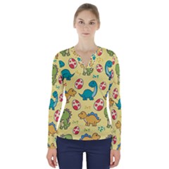 Seamless Pattern With Cute Dinosaurs Character V-neck Long Sleeve Top by pakminggu