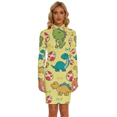 Seamless Pattern With Cute Dinosaurs Character Long Sleeve Shirt Collar Bodycon Dress by pakminggu