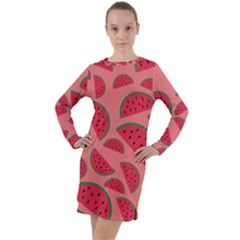 Watermelon Red Food Fruit Healthy Summer Fresh Long Sleeve Hoodie Dress by pakminggu