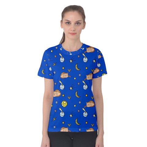 Cat Animals Sleep Stars Seamless Background Women s Cotton Tee by pakminggu