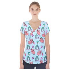 Pigs Pattern Art Design Drawing Sketch Wallpaper Short Sleeve Front Detail Top