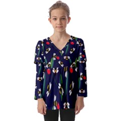 Art Floral Design Pattern Floral Pattern Kids  V Neck Casual Top by pakminggu