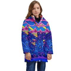 Psychedelic Colorful Lines Nature Mountain Trees Snowy Peak Moon Sun Rays Hill Road Artwork Stars Kids  Hooded Longline Puffer Jacket by pakminggu