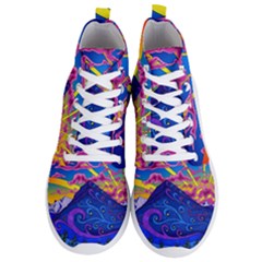 Psychedelic Colorful Lines Nature Mountain Trees Snowy Peak Moon Sun Rays Hill Road Artwork Stars Men s Lightweight High Top Sneakers by pakminggu