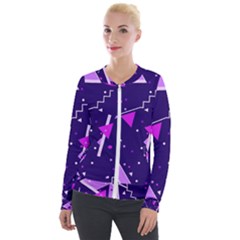 Purple Blue Geometric Pattern Velvet Zip Up Jacket