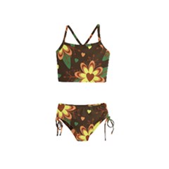 Floral Hearts Brown Green Retro Girls  Tankini Swimsuit