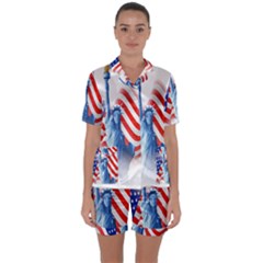 Statue Of Liberty And Usa Flag Art Satin Short Sleeve Pajamas Set by danenraven