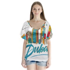 Burj Khalifa Skyline Clip Art Drawing Comic World V-neck Flutter Sleeve Top by Mog4mog4