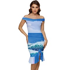 Illustration Landscape Sea Ocean Waves Beach Blue Off Shoulder Ruffle Split Hem Bodycon Dress by Mog4mog4