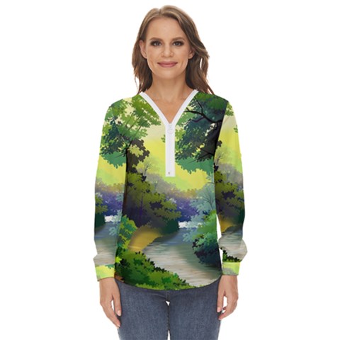 Landscape Illustration Nature Forest River Water Zip Up Long Sleeve Blouse by Mog4mog4