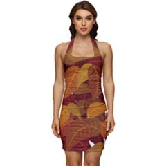 Watercolor Leaves Leaf Orange Sleeveless Wide Square Neckline Ruched Bodycon Dress by Bakwanart