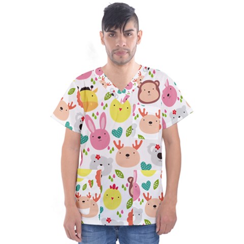 Cute Animals Cartoon Seamless Background Men s V-neck Scrub Top by Bakwanart