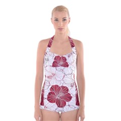 Red Hibiscus Flowers Art Boyleg Halter Swimsuit  by Bakwanart