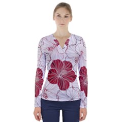 Red Hibiscus Flowers Art V-neck Long Sleeve Top by Bakwanart