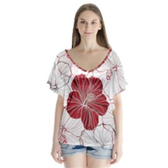 Red Hibiscus Flowers Art V-neck Flutter Sleeve Top by Bakwanart