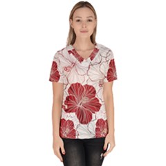 Red Hibiscus Flowers Art Women s V-neck Scrub Top by Bakwanart