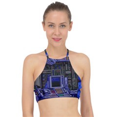 Blue Computer Monitor With Chair Game Digital Wallpaper, Digital Art Racer Front Bikini Top by Bakwanart