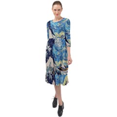 The Great Wave Of Kanagawa Painting Hokusai, Starry Night Vincent Van Gogh Ruffle End Midi Chiffon Dress by Bakwanart