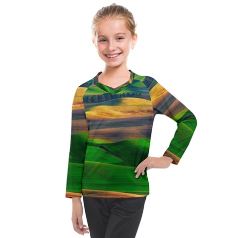 Grassland Nature Palouse Green Field Hill Sky Butte Kids  Long Mesh Tee by Bakwanart