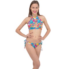 Circles Art Seamless Repeat Bright Colors Colorful Cross Front Halter Bikini Set by 99art