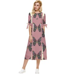 Butterflies Pink Old Ancient Texture Decorative Bow Sleeve Chiffon Midi Dress