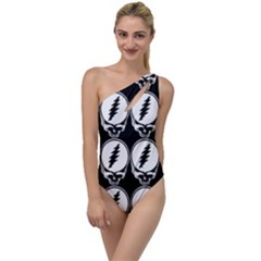 Black And White Deadhead Grateful Dead Steal Your Face Pattern To One Side Swimsuit by 99art