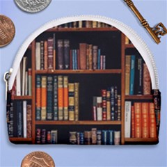 Assorted Title Of Books Piled In The Shelves Assorted Book Lot Inside The Wooden Shelf Horseshoe Style Canvas Pouch by 99art