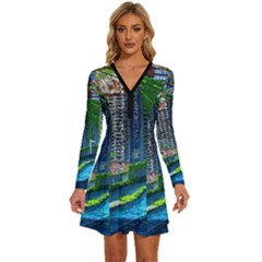 Anime Landscape Apocalyptic Ruins Water City Cityscape Long Sleeve Deep V Mini Dress  by 99art