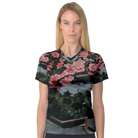 Pink Peony  Flower V-neck Sport Mesh Tee by artworkshop