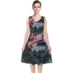 Pink Peony  Flower V-neck Midi Sleeveless Dress  by artworkshop